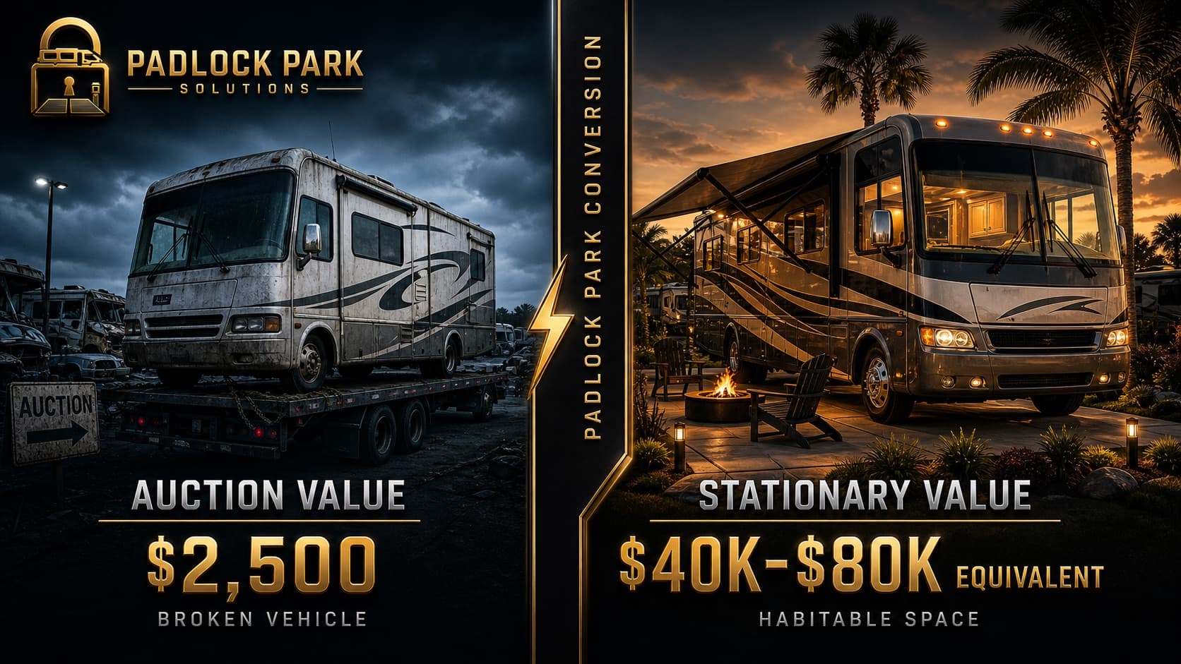 Auction value of a salvage Class A motorhome is about $2,500 as a broken vehicle. After Padlock Park conversion, the stationary habitable space is worth the equivalent of $40K to $80K.